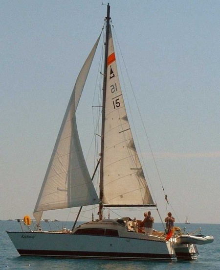 Kachina in the Med, with the former owners Barbara and Peter